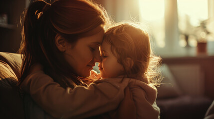 Happy mother cuddling with her toddler daughter child at beautiful sunset setting - obrazy, fototapety, plakaty