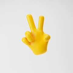 Yellow emoji hand showing two fingers or victory gesture isolated over white background. 3d rendering.