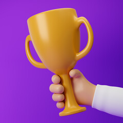 Cartoon hand holding trophy cup isolated over purple background. Mockup template. 3d rendering.
