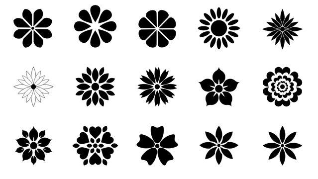 set of black and white flowers roses leaf floral nature tree oak icons vector illustration 
