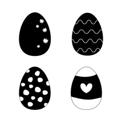 Set silhouette of Easter eggs, black and white colour.  On white isolated background