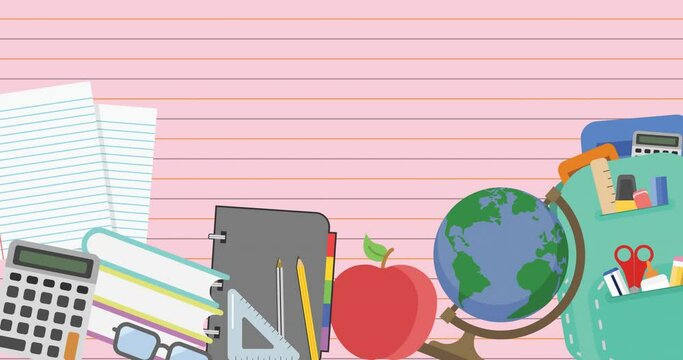 Animation of books, globe, stationery, apple and schoolbag over lined pink notebook page