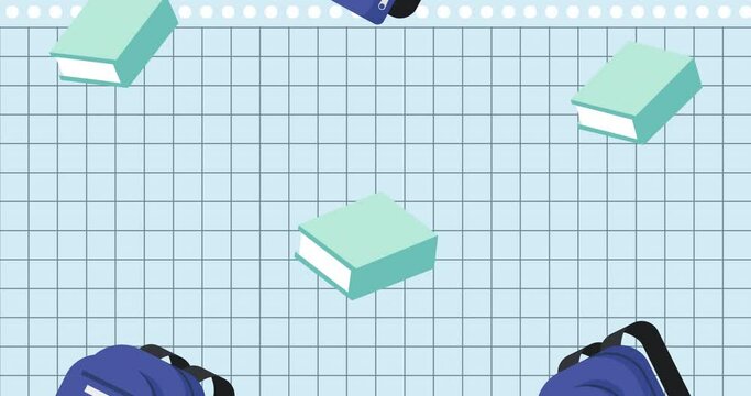 Animation of blue books and schoolbags falling over squared notebook page