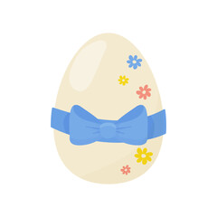 A cute easter egg, with a blue bow and flowers.  On a white isolated background