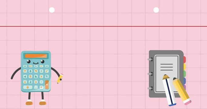 Animation of happy calculator diary and pencils over squared pink notebook page
