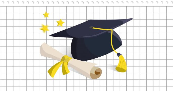 Animation of gold stars, mortarboard and diploma scroll over squared white notebook page