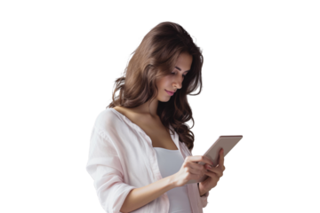 Woman with Digital Tablet: A PNG cutout featuring a stylish lady engaging with a tablet, complete with a realistic shadow for easy integration on transparent backgrounds.