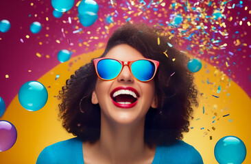 A young modern girl with a wide smile and glasses, laughing expressively against the background of a bright banner with confetti with bubbles