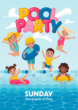 Kids Pool Party Poster. Children swimming in the pool. Cute Vector illustration in cartoon flat style