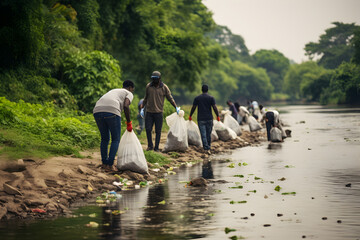 Sustainable lifestyle concept - volonteers clean the river