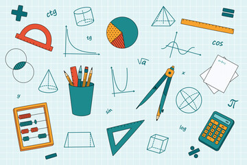 A large set of math objects, geometric figures and math expressions, Stationery. Measuring tool