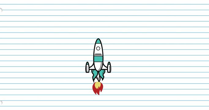 Animation of blue and white spaceship ascending on blue lined notebook page