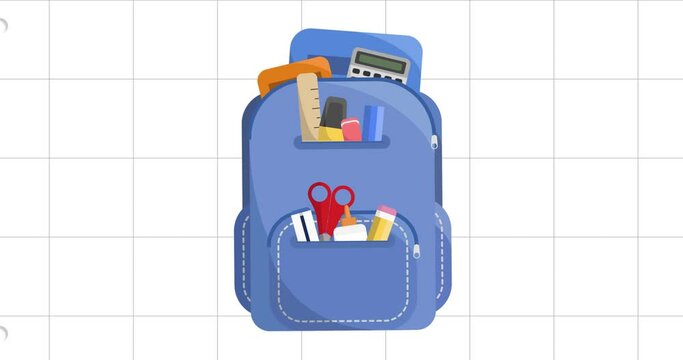 Animation of schoolbag filled with school equipment on squared white notebook page