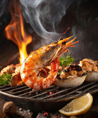 BBQ seafood Grilled Shrimp juicy In a grill with flames