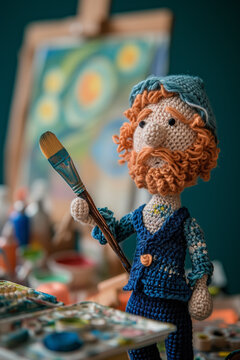 A knitted toy of the artist Van Gogh with a brush and paints in the background of a painting