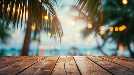 Empty wooden table and palm leaves with blur beach on background in summer time, can be used for product placement, generative ai - obrazy, fototapety, plakaty