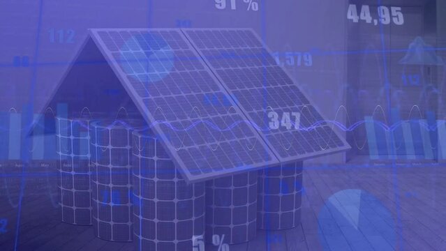 Animation of financial data processing over solar panels