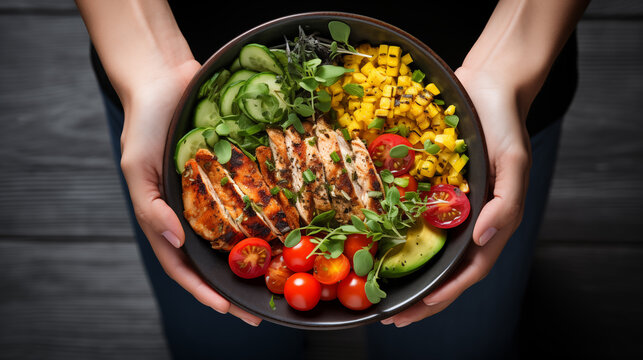 A close-up photograph of woman's hands holding a ceramic bowl, filled with a colorful salad consisting of ripe tomatoes, grilled chicken strips, sliced avocado, and fresh green leaves. Top view, 