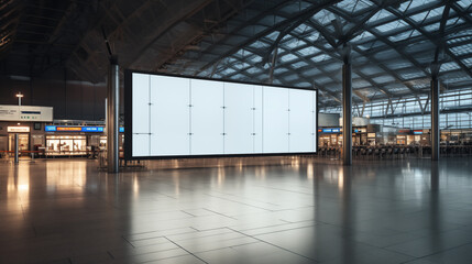 A blank billboard poster in a bustling airport terminal. - obrazy, fototapety, plakaty