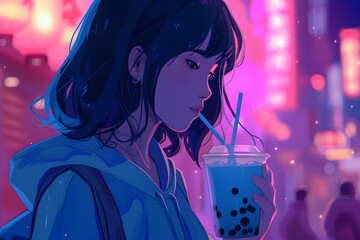 girl drinking boba tea with tapioca balls on neon background