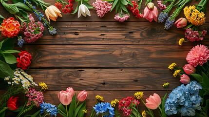 Fototapeta na wymiar Spring flowers on a wooden background. Mother's day, Valentine's day, international women's day, birthday celebration concept. Greeting card. Copy space for text. Generative AI