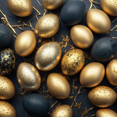 Golden eggs on black background, symbolizing wealth and prosperity. Easter concept, easter eggs. Banner
