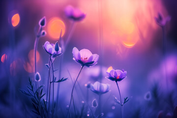 Purple wildflowers glowing in twilight, illuminated by soft lights, create a magical atmosphere. Ideal for themes of nature, beauty, and tranquility. 