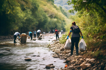 Sustainable lifestyle concept - volonteers clean the river - obrazy, fototapety, plakaty