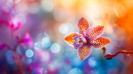 Obraz na płótnie Canvas Surreal vibrant orchid flower with spotted petals, in focus against a colorful bokeh background of lights and other flowers, showcasing natural beauty and botanical elegance.