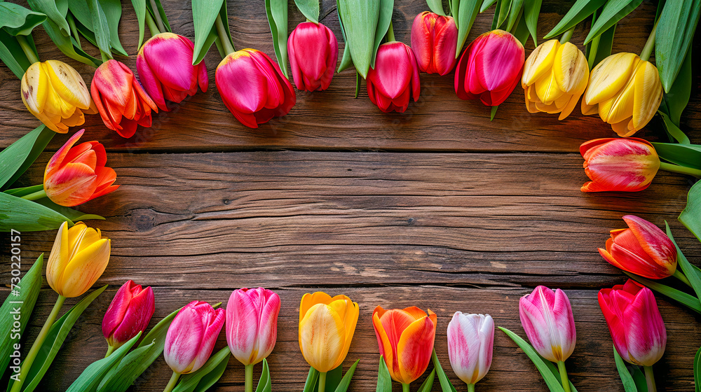 Wall mural Tulips on a wooden background. Mother's day, Valentine's day, international women's day, birthday celebration concept. Greeting card. Copy space for text. Generative AI - Wall murals
