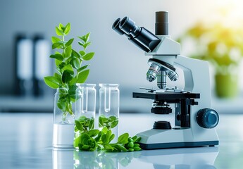 Innovative biotechnology research: microscope close-up with plant samples in a modern laboratory setting - obrazy, fototapety, plakaty