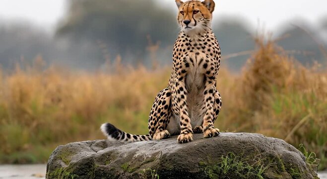 a cheetah on a rock in the river footage