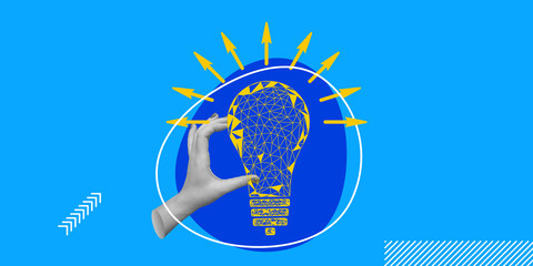 Business idea, electricity concept. Hand holds yellow polygonal light bulb on blue background. Minimalist art collage