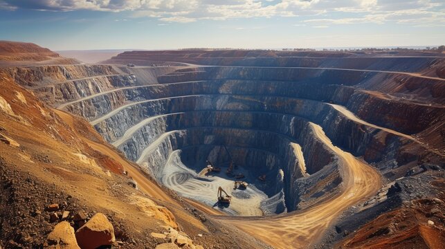 Terraced layers of a massive gold mining pit under a clear sky