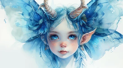 Tuinposter illustration of cute blue baby girl fairy of jungle with pretty eyes and horns , forest fairy isolated on white background, nursery room decor, cards or t-shirt prints © Mahnoor