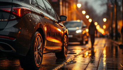 City streets illuminated by blurred headlights in a rainy night generated by AI