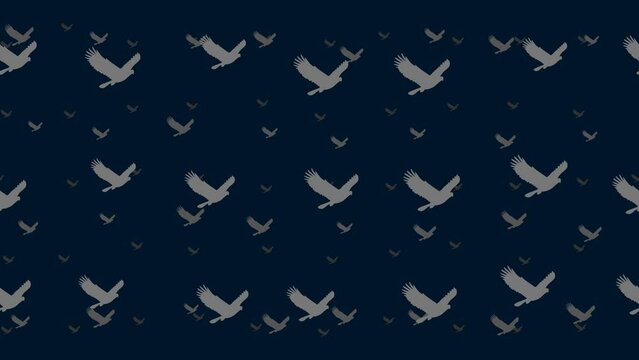 Eagle symbols float horizontally from left to right. Parallax fly effect. Floating symbols are located randomly. Seamless looped 4k animation on dark blue background