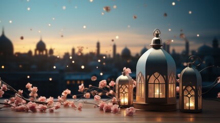Ramadan Kareem Islamic background with golden lantern and bokeh lights - obrazy, fototapety, plakaty