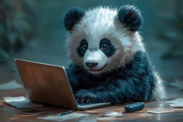 Cute Panda Working On Laptop Cartoon Illustration. Animal Technology Concept