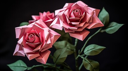 Beautiful pink origami rose on black background, close up. Valentines day concept