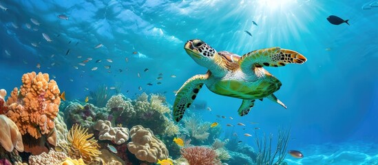 Mexico's vibrant Caribbean sea hosts a diverse array of marine life, including a green sea turtle and tropical fish, amidst a colorful coral reef.