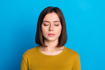 Photo of good mood adorable woman wear shirt sleeping closed eyes isolated blue color background