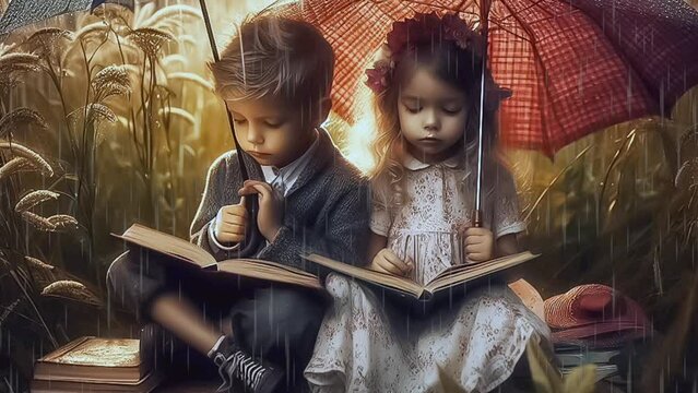 two small children reading books in the rain. memorable story. love story