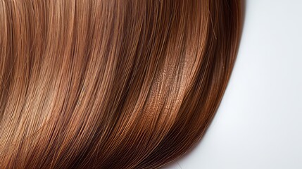 A close up of straight, chestnut brown hair on white