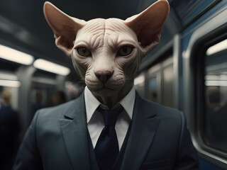Anthropomorphic Sfinks cat in modern clothes standing inside the train of a crowded subway. Blurred background. 