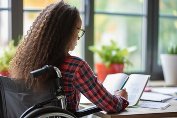 A disabled girl in a wheelchair works in an office at a desk with documents - obrazy, fototapety, plakaty