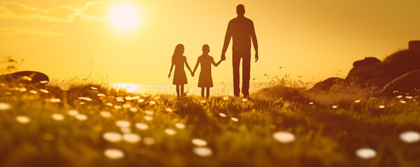 Silhouette of the family standing on the blooming field on sunset. - obrazy, fototapety, plakaty