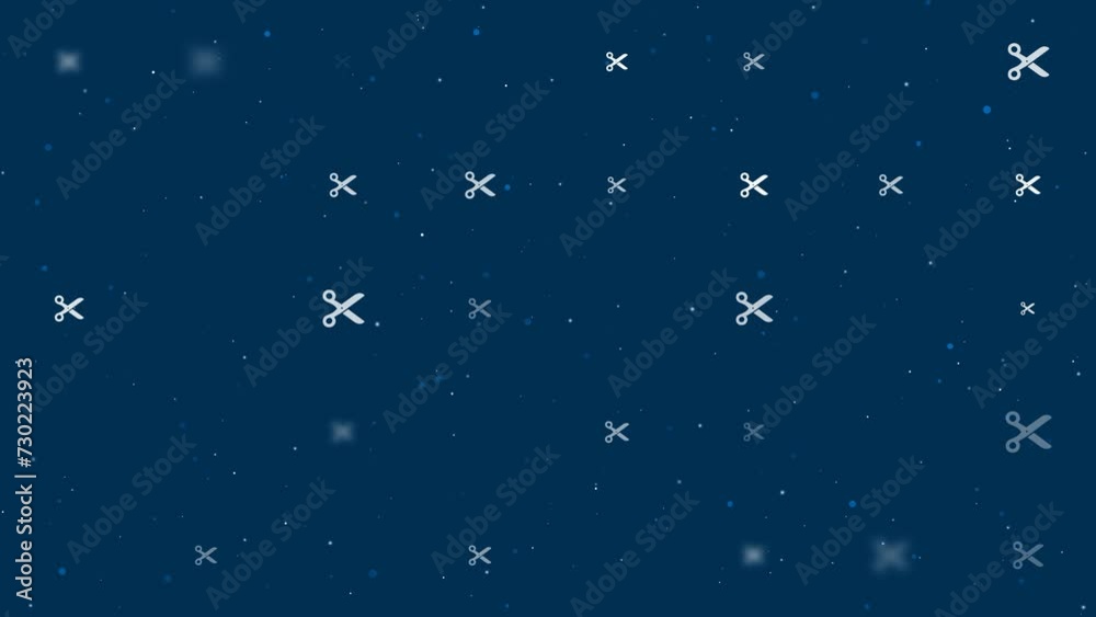 Poster template animation of evenly spaced scissors symbols of different sizes and opacity. animation of tr