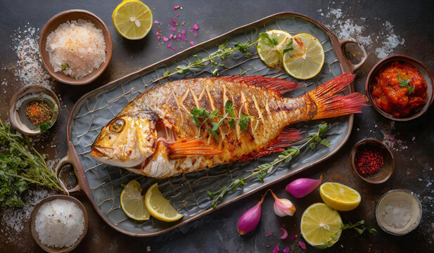 Top view juicy red snapper grilled In a grill with flames