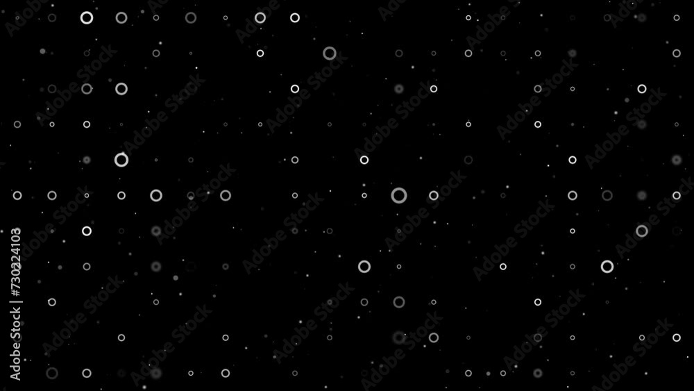 Poster template animation of evenly spaced circle symbols of different sizes and opacity. animation of tran